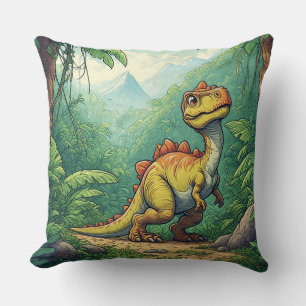Cartoon Dinosaur Exploring a Tropical Jungle Cushion