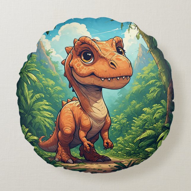 Cartoon Dinosaur Exploring a Tropical Jungle Round Cushion (Front)