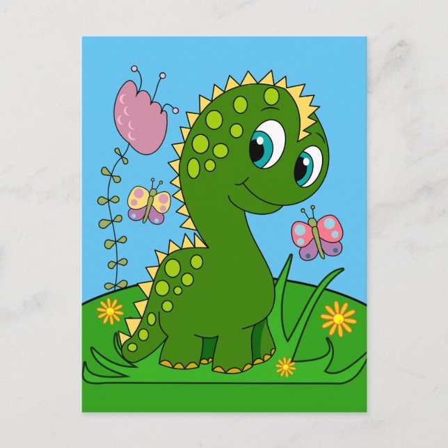 Cartoon Dinosaur, Flowers And Butterflies Postcard (Front)