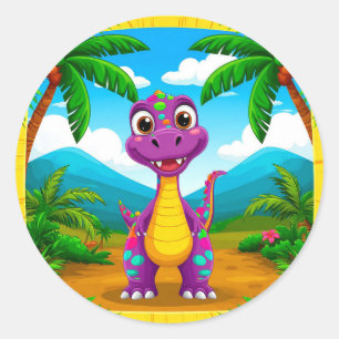Cartoon Dinosaur in a Tropical Scene Classic Round Sticker