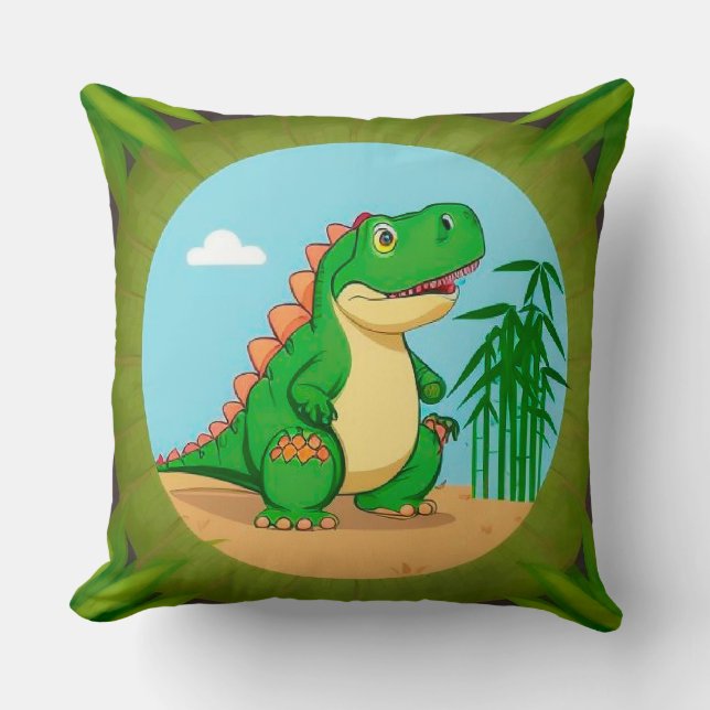 Cartoon Dinosaur in a Tropical Scene Cushion (Front)