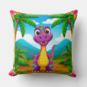 Cartoon Dinosaur in a Tropical Scene Cushion