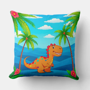 Cartoon Dinosaur in a Tropical Scene Cushion