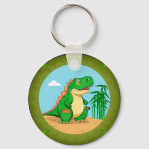 Cartoon Dinosaur in a Tropical Scene Key Ring