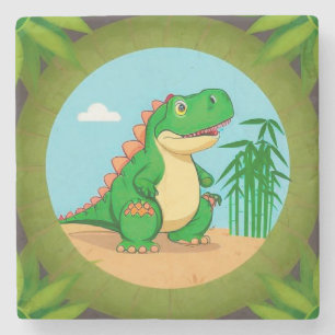 Cartoon Dinosaur in a Tropical Scene Stone Coaster