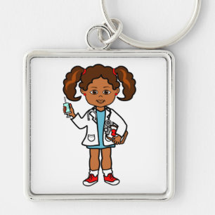 Cartoon Doctor Girl with Big Needle and Clipboard Key Ring