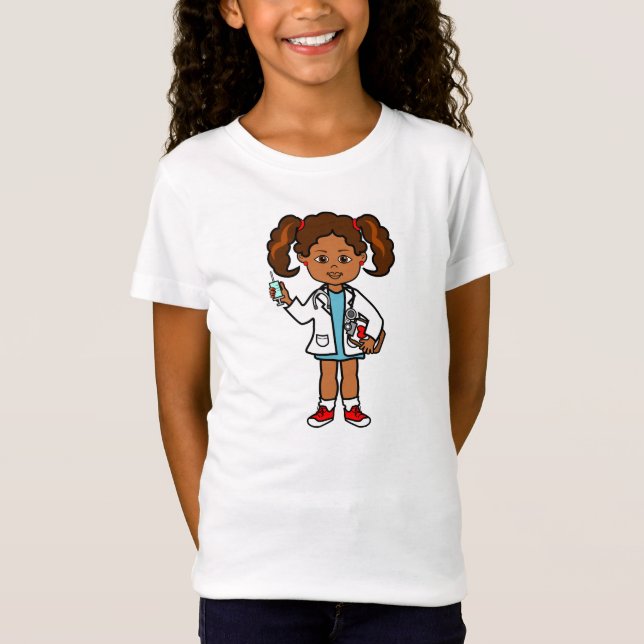 Cartoon Doctor Girl with Big Needle and Clipboard T-Shirt (Front)