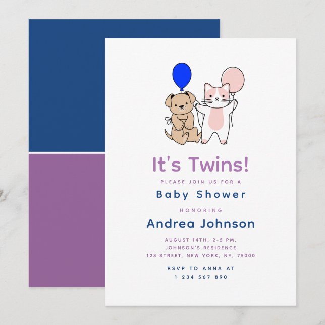 Cartoon Dog Cat Pink Blue Balloon Twin Baby Shower Invitation (Front/Back)