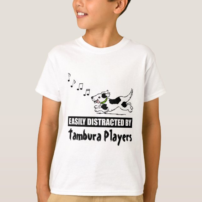 Cartoon Dog Easily Distracted by Tambura Players T-Shirt (Front)