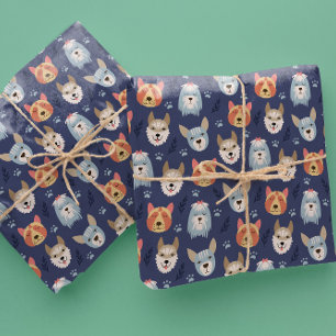Cartoon dog faces and paws seamless pattern wrappi wrapping paper
