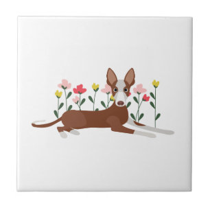 Cartoon Dog in Pink and Yellow Flowers Tile