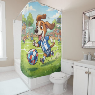 Cartoon Dog Playing Soccer or Football Shower Curtain