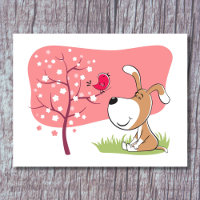 Cartoon Dog Puppy Bird Blossom Pink Flower Tree