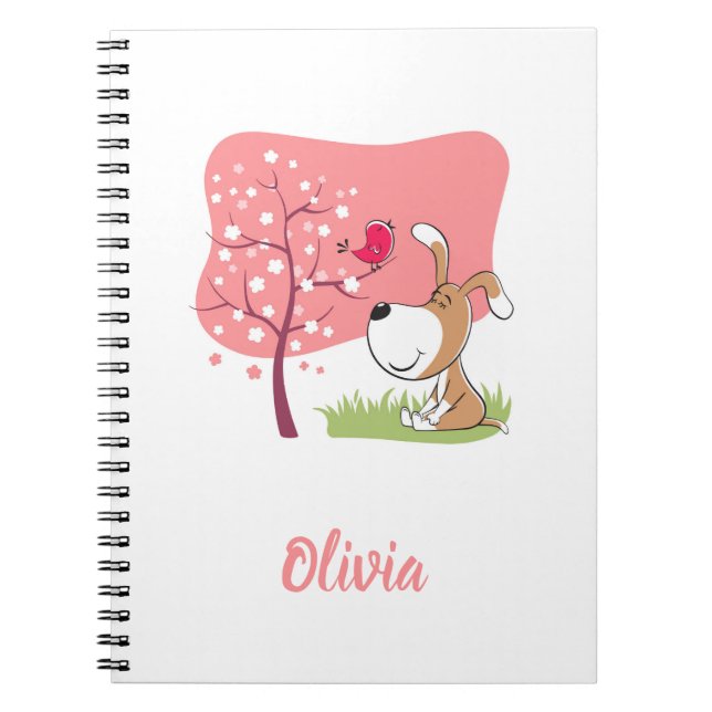 Cartoon Dog Puppy Bird Flower Blooming Pink Spring Notebook (Front)