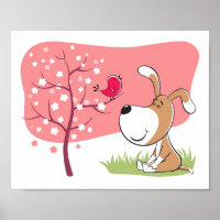 Cartoon Dog Puppy Bird Flower Blooming Pink Spring