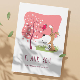 Cartoon Dog Puppy Bird Flower Pink Birthday Thank You Card