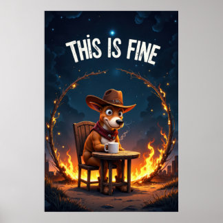Cartoon Dog Sitting at Table with Coffee Surrounde Poster