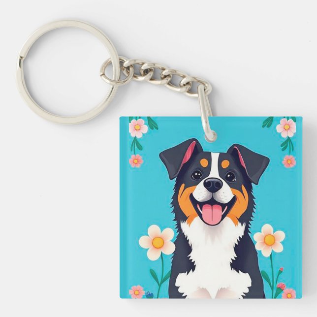 Cartoon Dog Surrounded by Flowers Key Ring (Front)