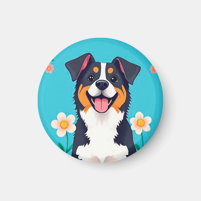 Cartoon Dog Surrounded by Flowers Magnet (Front)