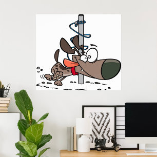 Cartoon Dog Tangled Around Pole with Leash Poster