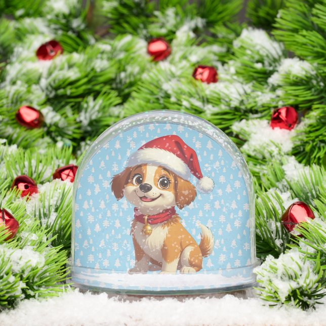 Cartoon Dog with Santa Hat Christmas Snow Globe