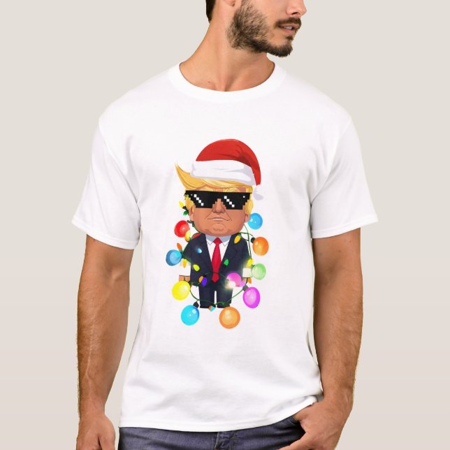 Cartoon Donald Trump In Santa Hat With Colourful L T-Shirt (Front)