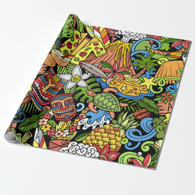 Cartoon doodles Hawaii seamless pattern. Backdrop  Wrapping Paper (Unrolled)