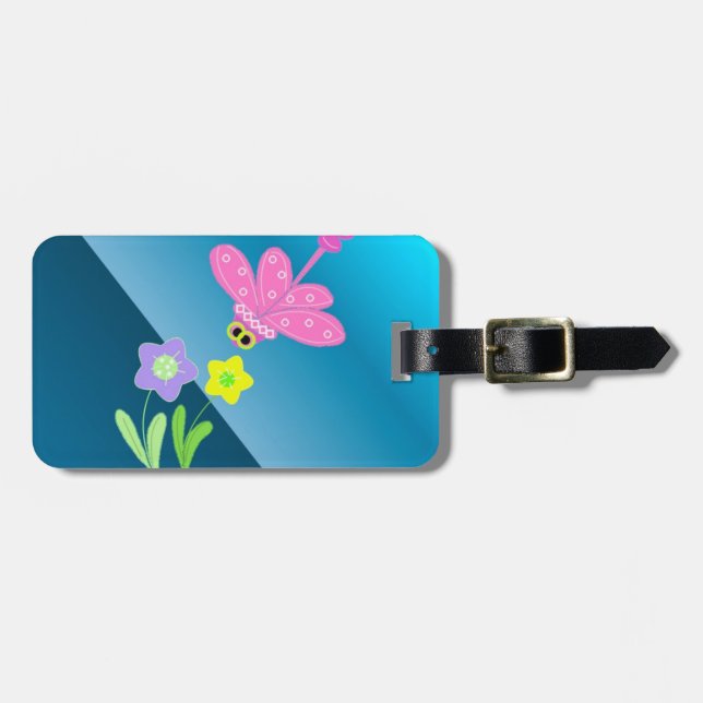 Cartoon Dragonfly with Flowers Luggage Tag (Front Horizontal)