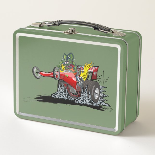 Cartoon dragster metal lunch box (Front)
