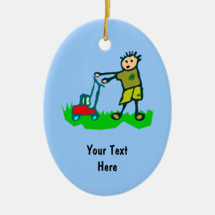 Cartoon Drawing Man Mowing Grass Ceramic Tree Decoration