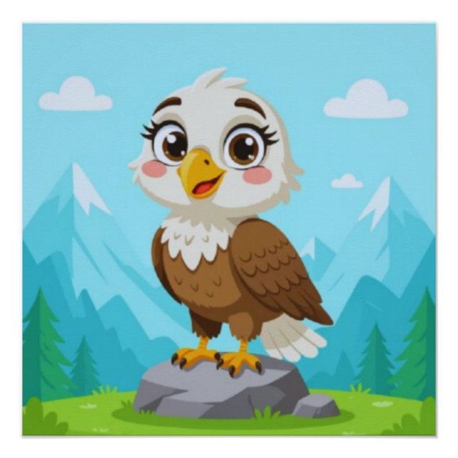 Cartoon Eagle on Rock – Cute Vector Character Poster (Front)