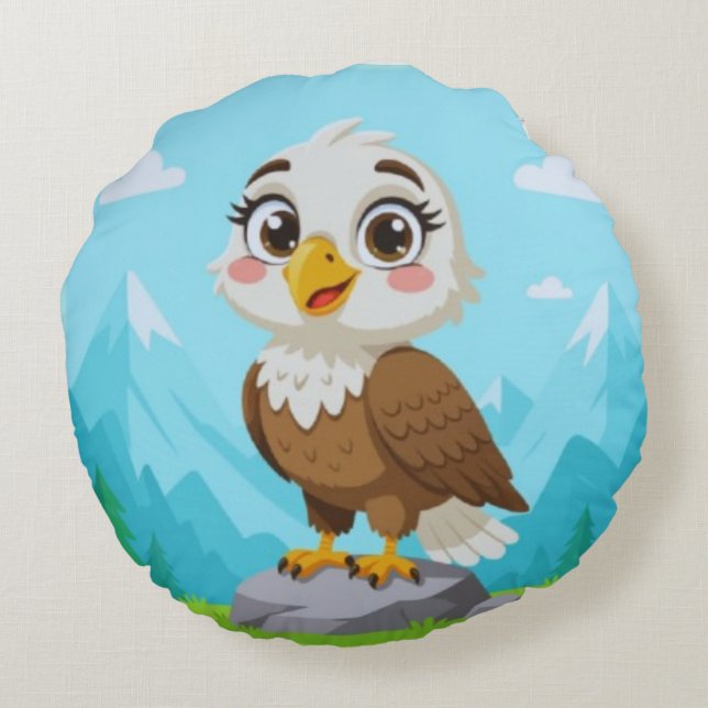 Cartoon Eagle on Rock – Cute Vector Character Round Cushion (Back)