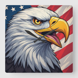 Cartoon Eagle with American Flag Patriotic Design Square Wall Clock