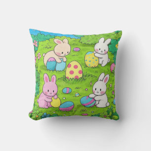 Cartoon Easter Bunnies and colourful eggs Cushion