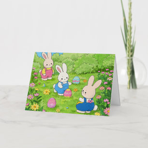 Cartoon Easter bunnies hiding eggs in a garden Foil Greeting Card