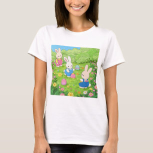 Cartoon Easter bunnies hiding eggs in a garden T-Shirt