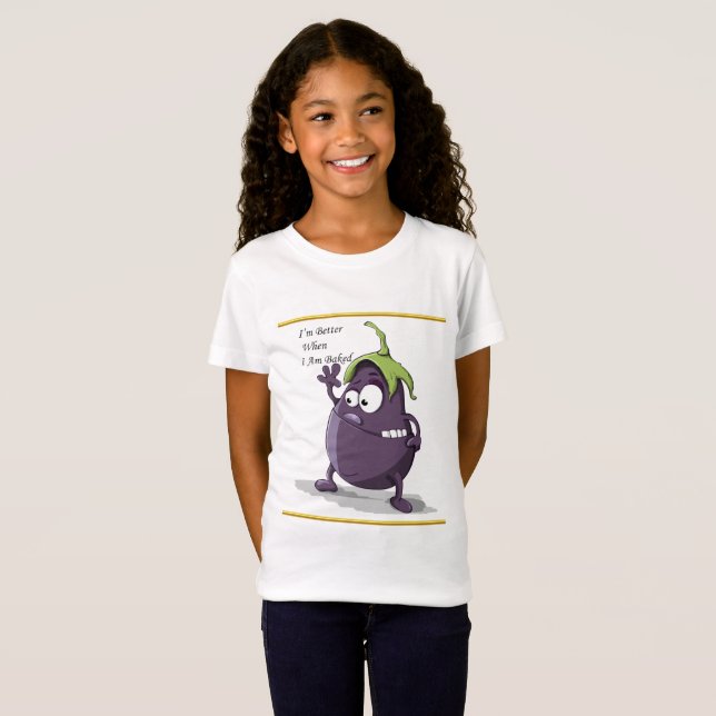 Cartoon eggplant with big eyes green hair T-Shirt (Front Full)