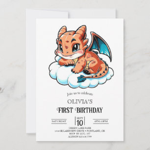 Cartoon Elegance Digital Dragon 1st Birthday Invitation