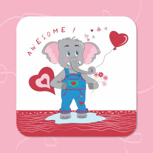 Cartoon Elephant Hearts Awesome Reward Stickers