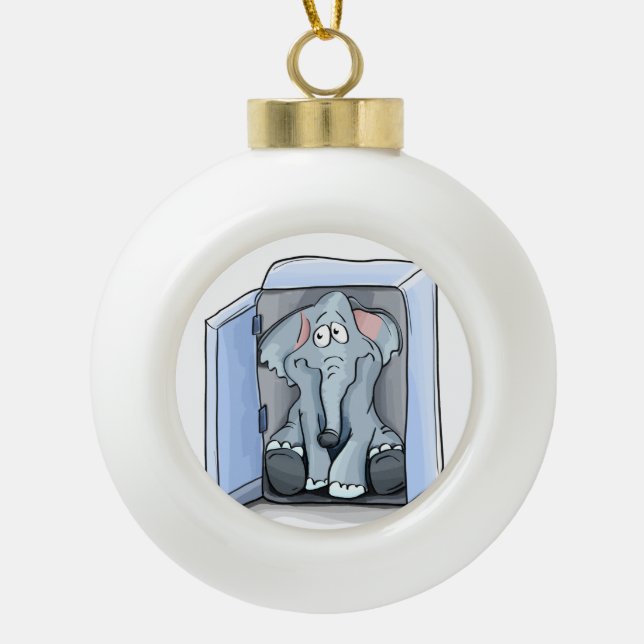 Cartoon elephant sitting inside a refrigerator ceramic ball christmas ornament (Front)