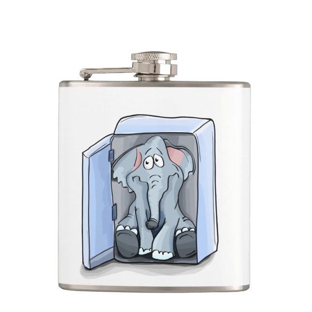 Cartoon elephant sitting inside a refrigerator hip flask (Front)