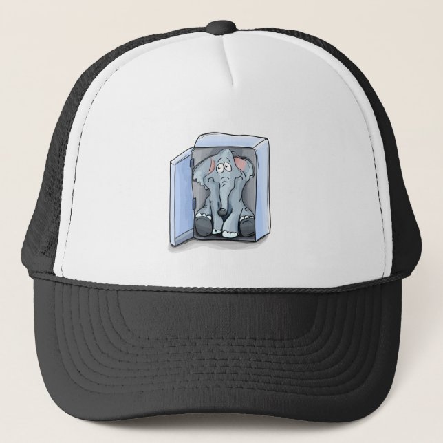 Cartoon elephant sitting inside a refrigerator trucker hat (Front)