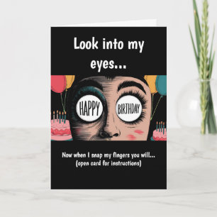 Cartoon face with happy birthday in eyes card