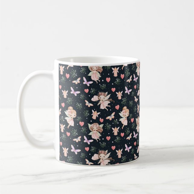 Cartoon Fairy With Flowers Seamless Pattern Coffee Mug (Left)