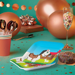 Cartoon Farm Scene with Horse Cat and Goat  Paper Plate
