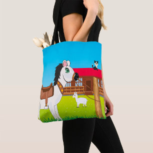 Cartoon Farm Scene with Horse Cat and Goat  Tote Bag