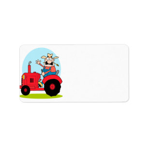 cartoon farmer riding a red tractor label