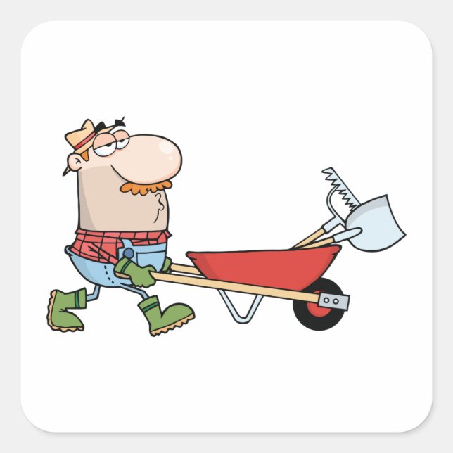 Cartoon Farmer with Wheelbarrow and Tools Square Sticker (Front)