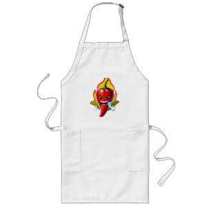 Cartoon Fire Pepper Mascot With Grinning Face Long Apron
