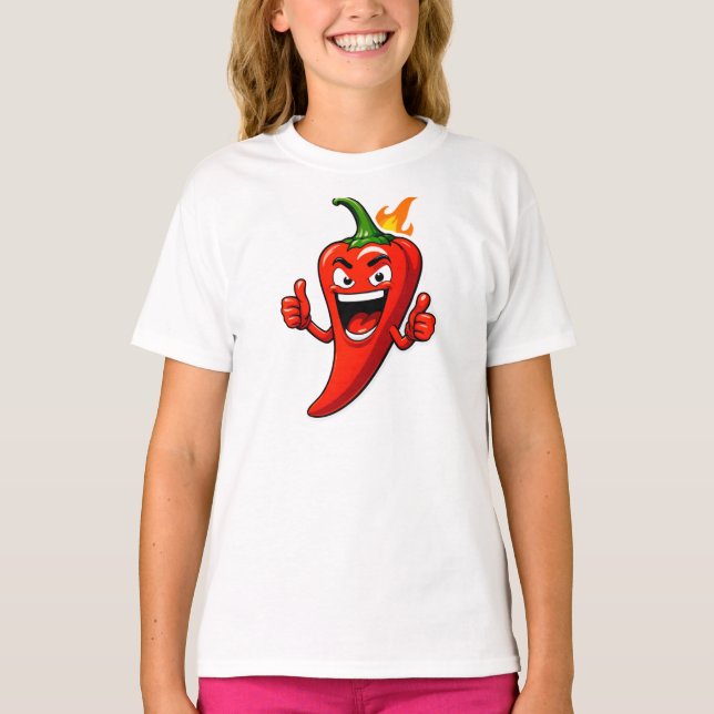 Cartoon Fire Pepper Mascot With Grinning Face T-Shirt (Front)